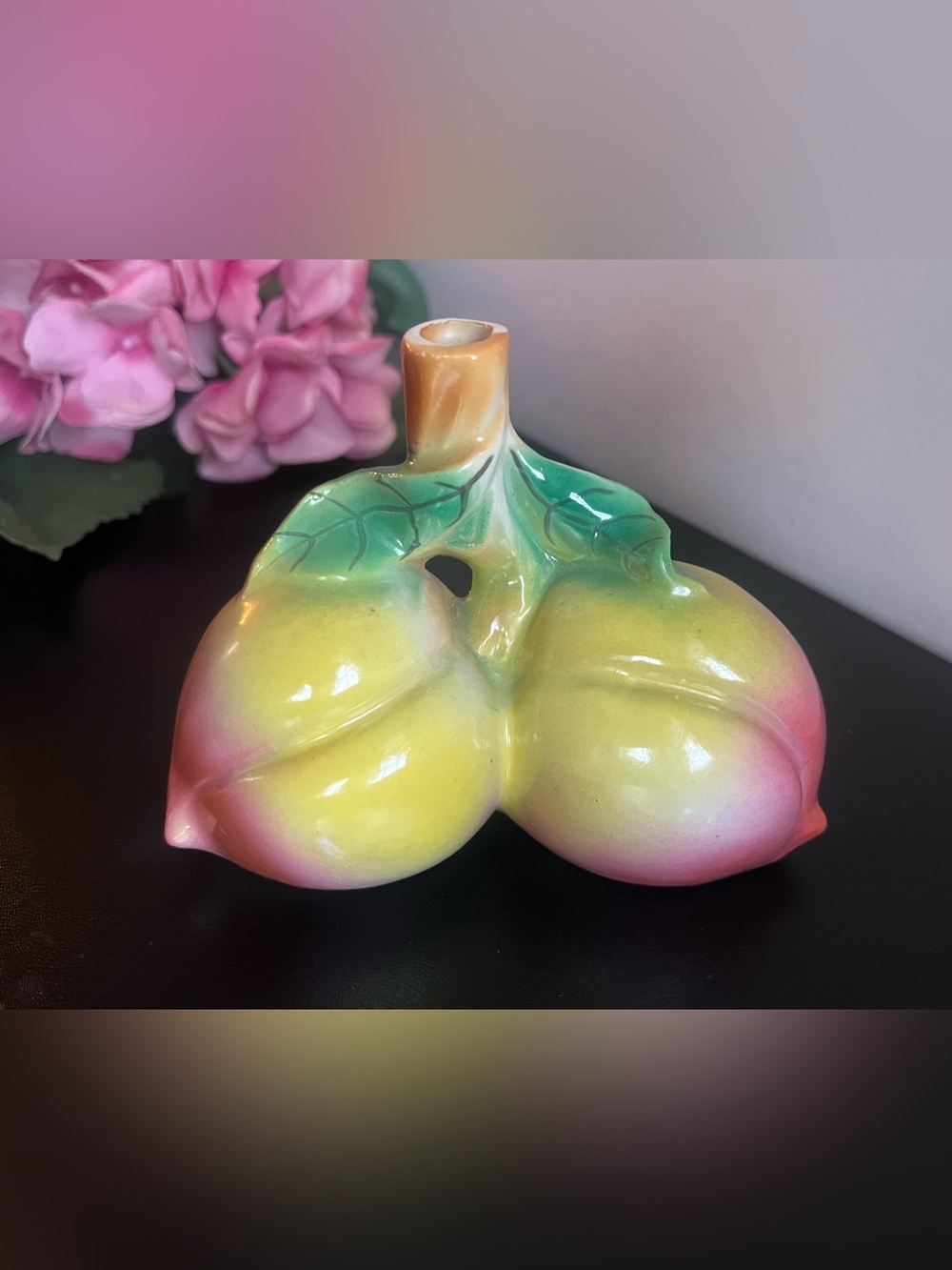 Antique Hand-Painted Ceramic Double Peach Bud Vase